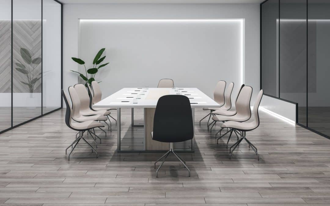 Share Modern glass meeting room interior with wooden flooring