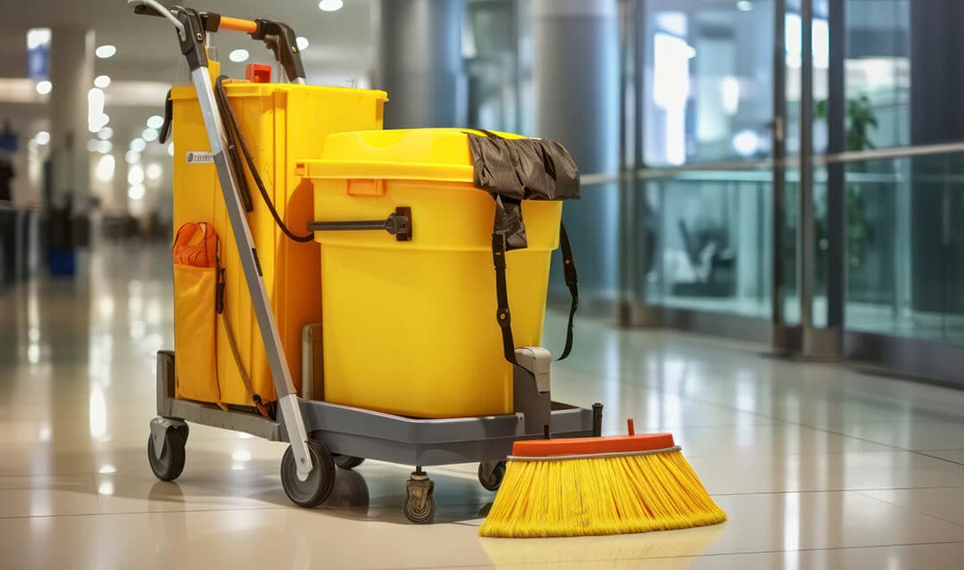 Janitorial mop bucket and cleaning cart in a commercial building