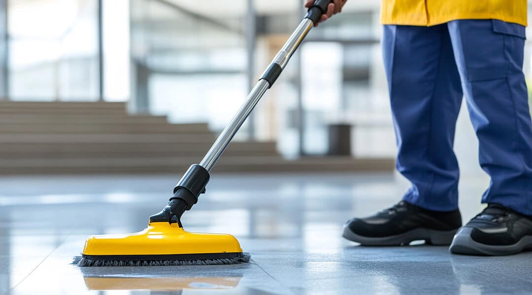 Janitor cleaning the floor of a commercial building
