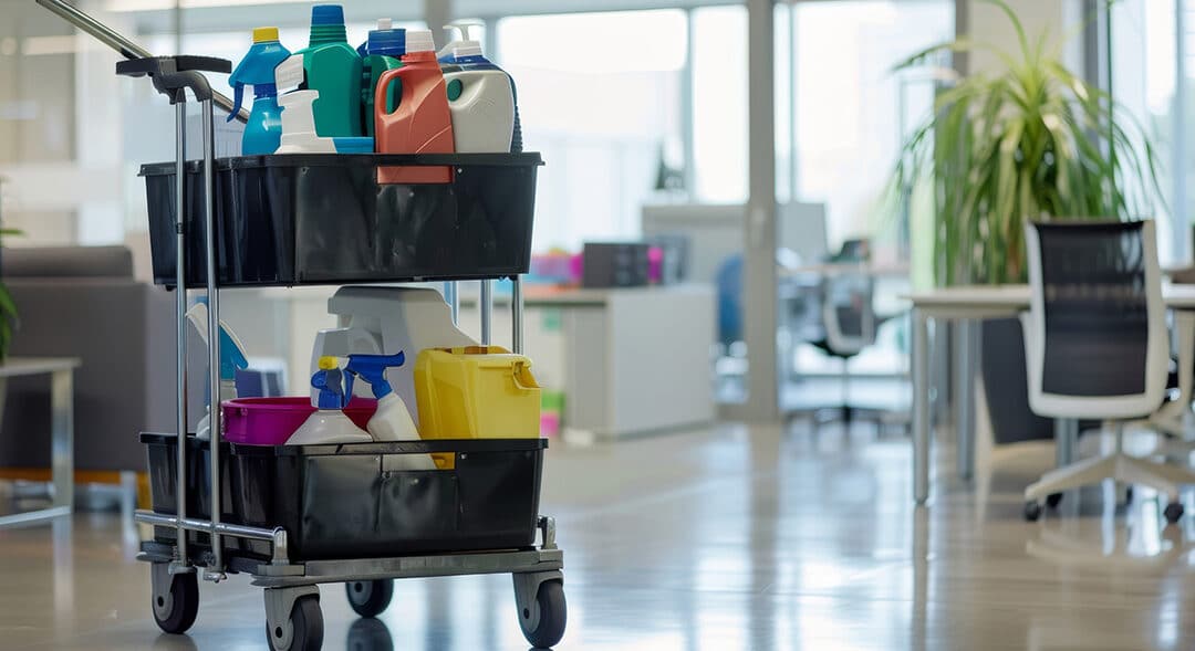 Janitorial cleaning cart full of cleaning poducts in an office