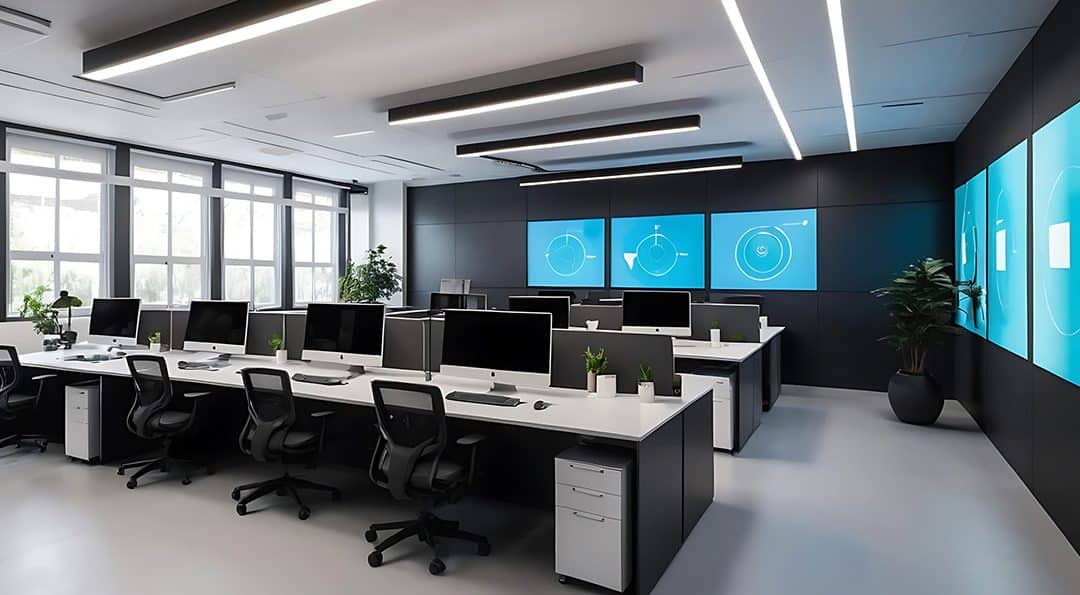 Contemporary office space with tables, chairs, computers and monitors